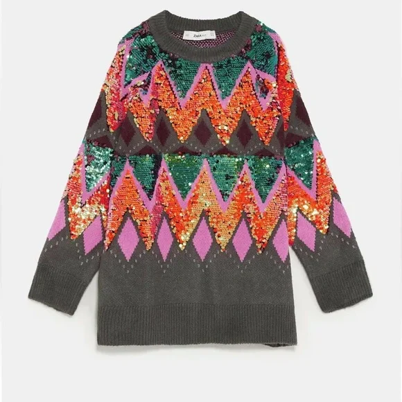 ZARA MULTICOLOR OVERSIZED SEQUIN SWEATER RARE MEDIUM M - Picture 2 of 16